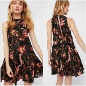 Free People Mini Floral Print Halter Dress She Moves Slip Lace Sexy Open Back XS